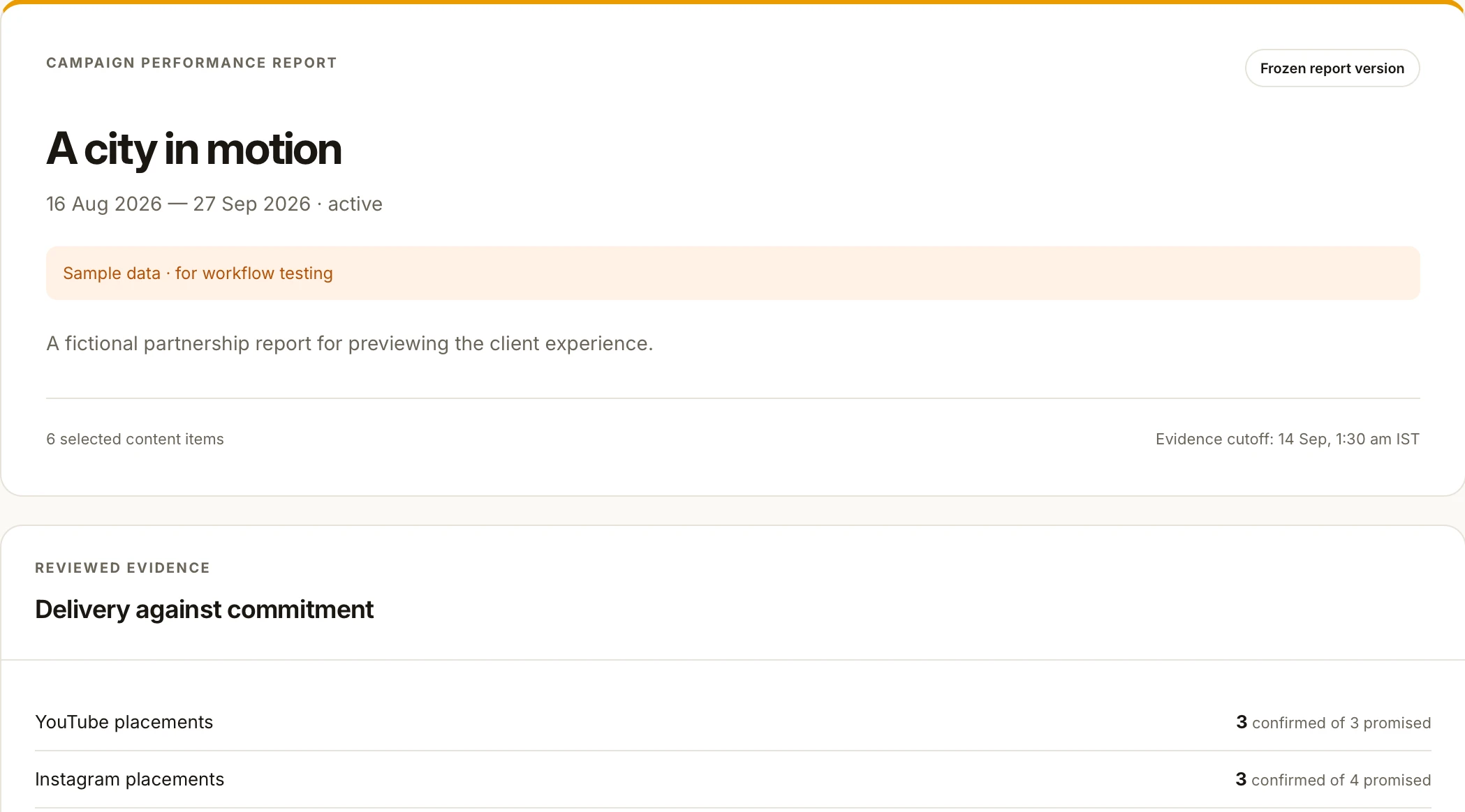 Sample campaign report showing platform evidence and campaign commitments.