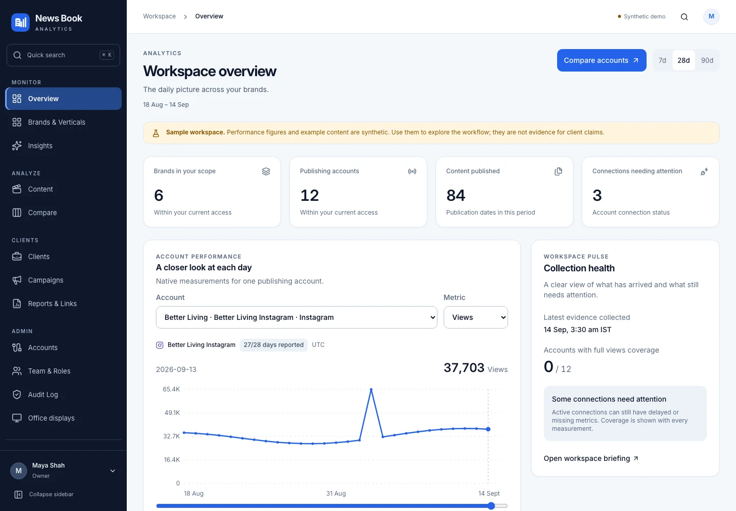 The actual analytics workspace, showing account performance and collection health using synthetic sample data.