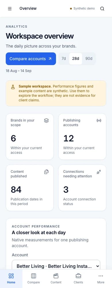 The actual mobile overview, showing the same synthetic sample workspace.