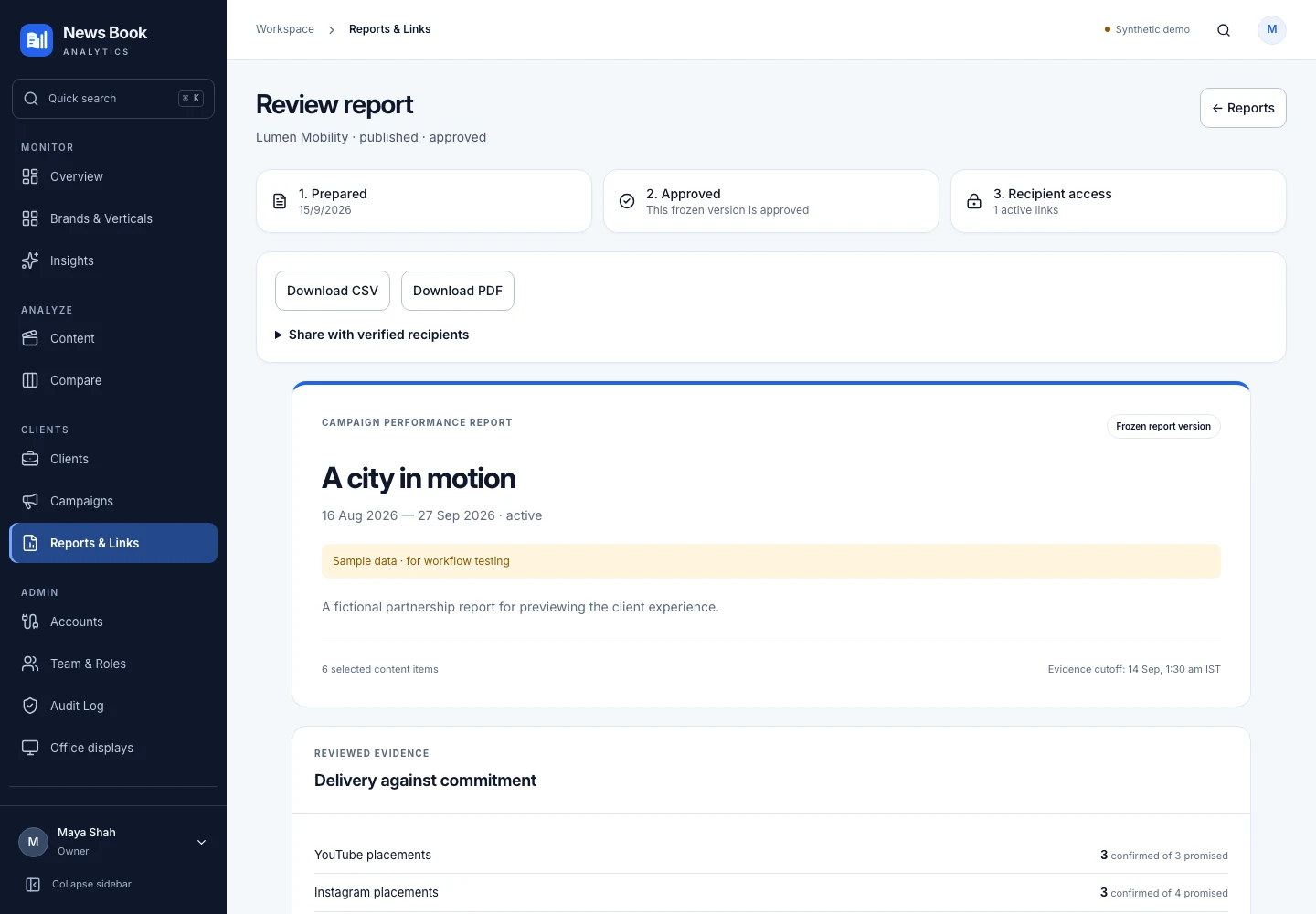The actual report review interface with a fictional campaign report and sample evidence.